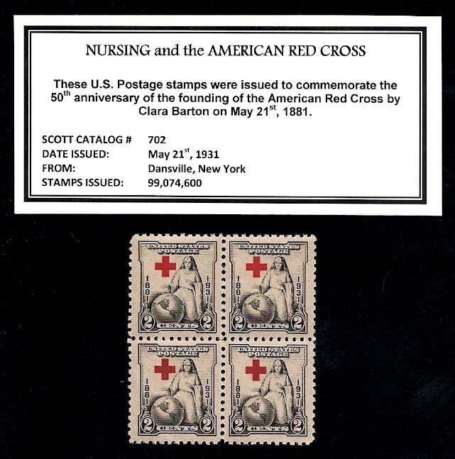 1931 - NURSING - RED CROSS  Mint NH, Block of Four Vintage U.S. Postage Stamps