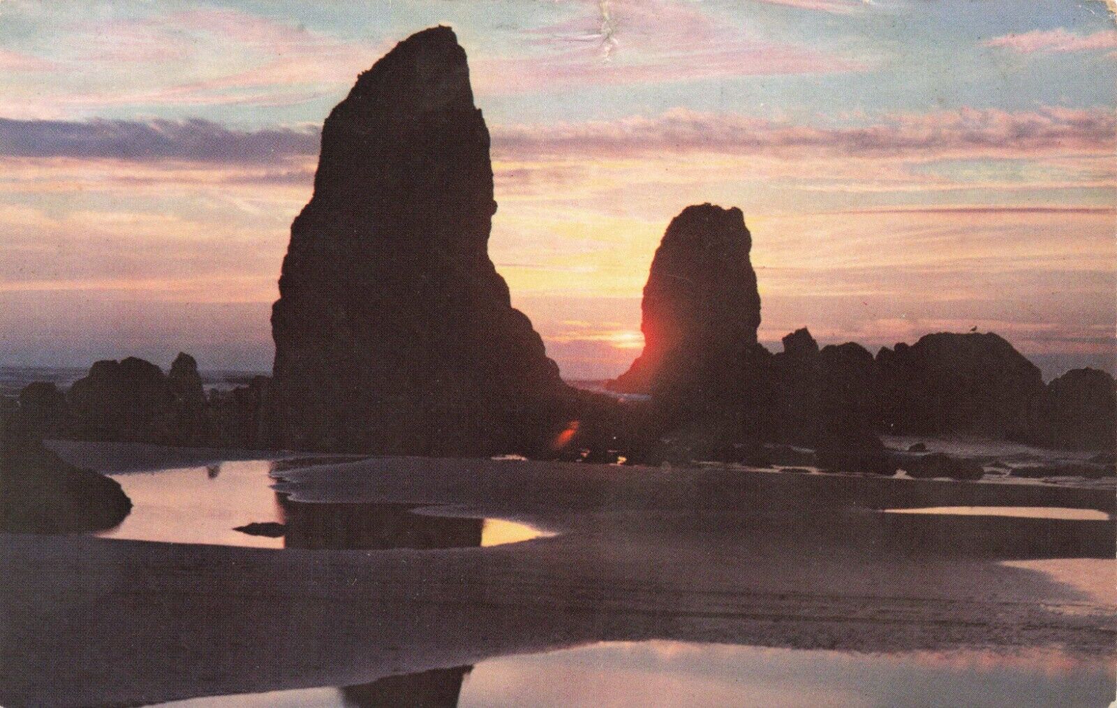 Postcard OR Oregon Coast Haystack Rock and the Needles Sunset Cannon Beach