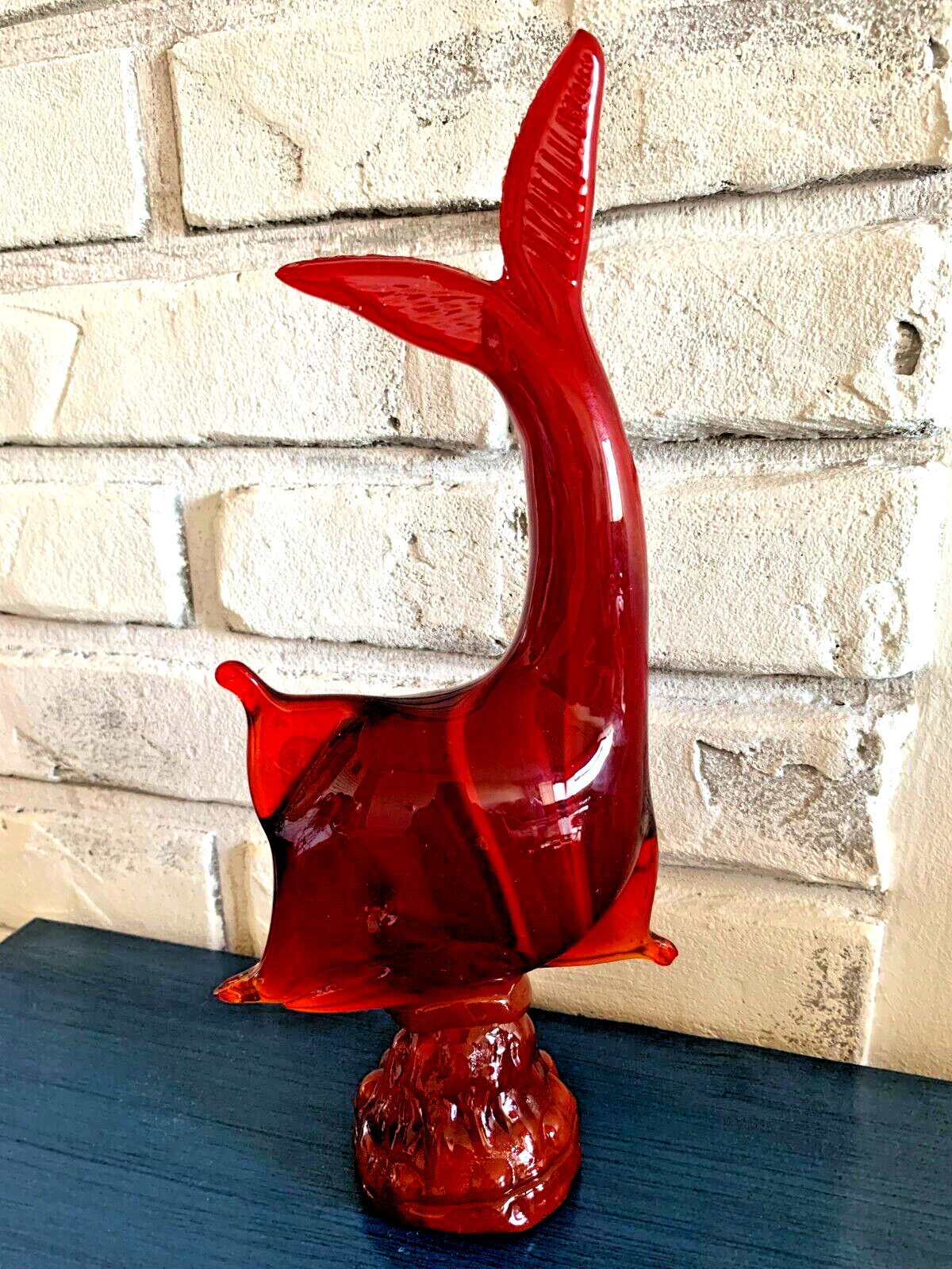 Vtg Antique Hand Mouth Blown Flambe Red Glass Fish Sculpture Statue Paperweight