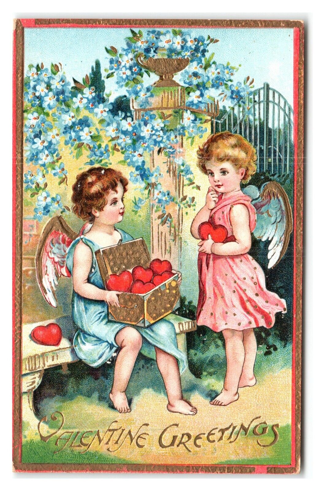 Vtg Valentine Postcard ~ Valentine Greetings Child Angels Sharing Box of Hearts