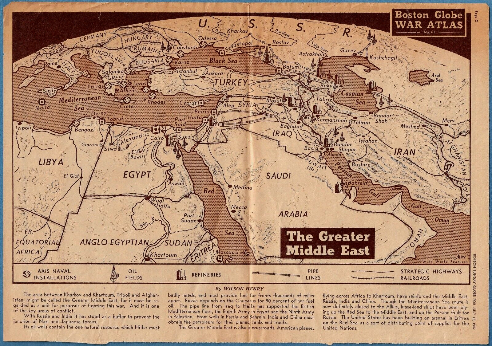 W.W.II MAP ~ THE GREATER MIDDLE EAST ~ JULY, 1942