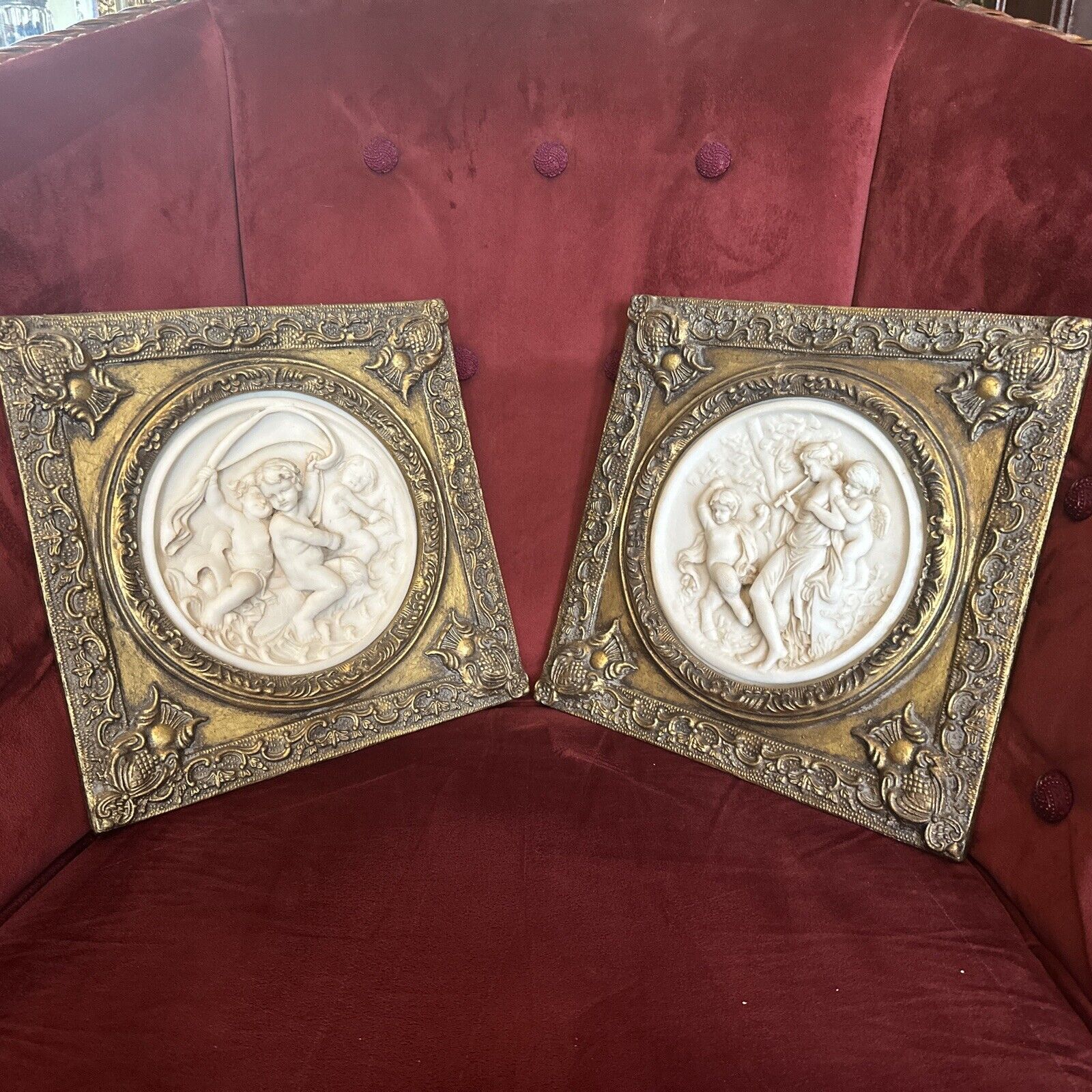 2 Antique Framed bisque putti/cherub Neoclassical wall plaque Gold Gilded Frame