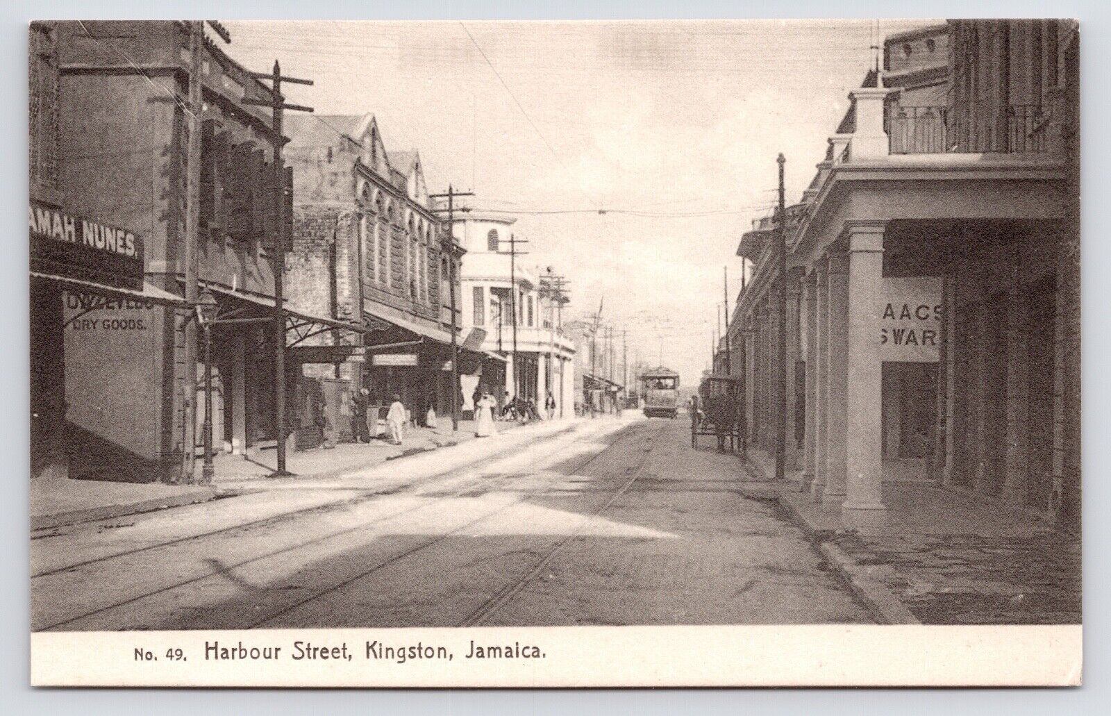 c1908~Kingston Jamaica~Harbour Street~Downtown~Trolley~Stores~Antique Postcard