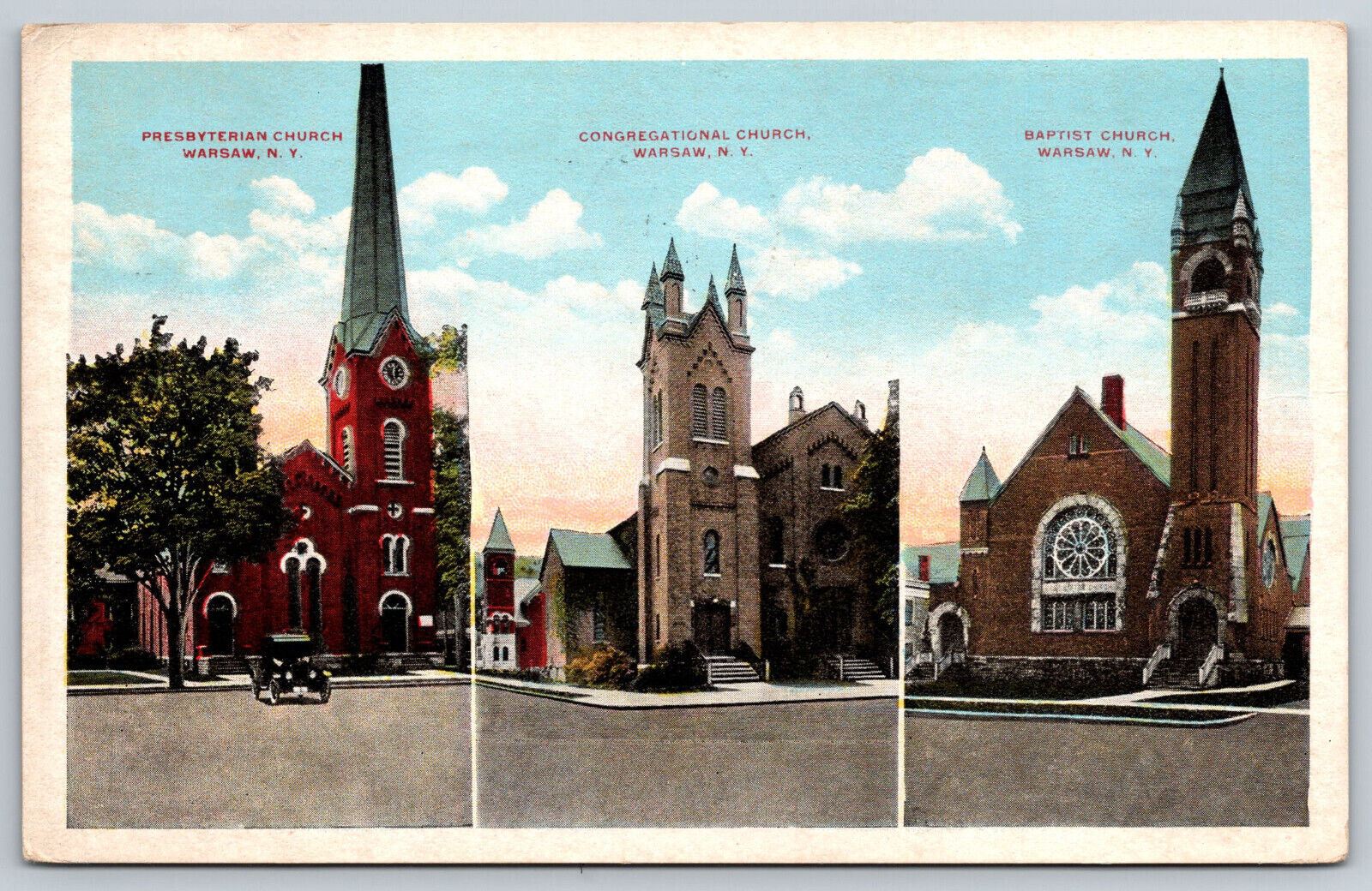 Postcard Presbyterian Church Congregational Church Baptist Church Warsaw, NY H18