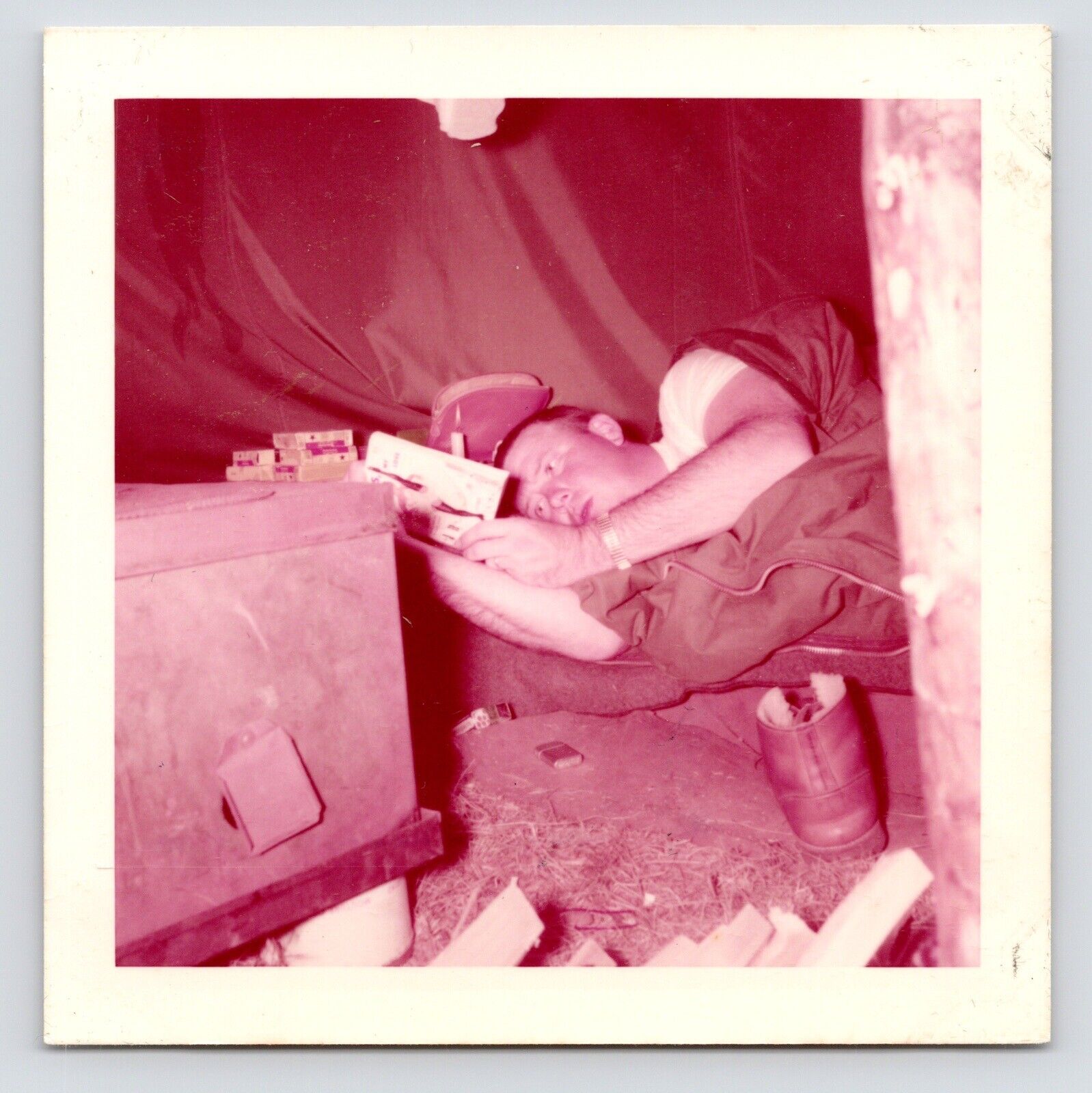 c1950s MCM Hunter Reading Risqué Novel~Candlelight~Tent~Original VTG Photograph