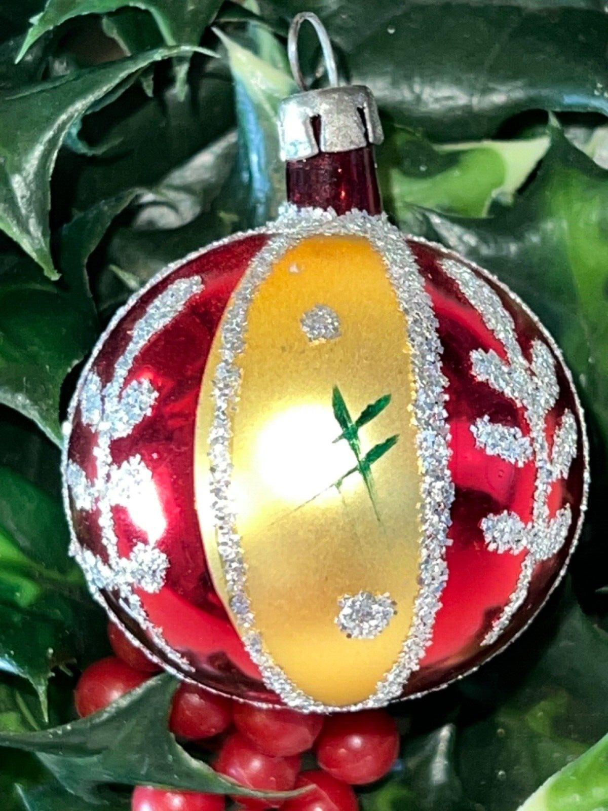 MCM Vintage FEATHER TREE Blown Glass POLAND Striped CHRISTMAS BALL Red Gold
