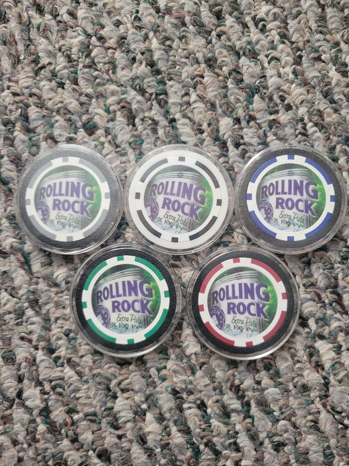 Lot of 5 Rolling Rock Extra Pale Logo Poker Chips Red Black Green Blue Gray New