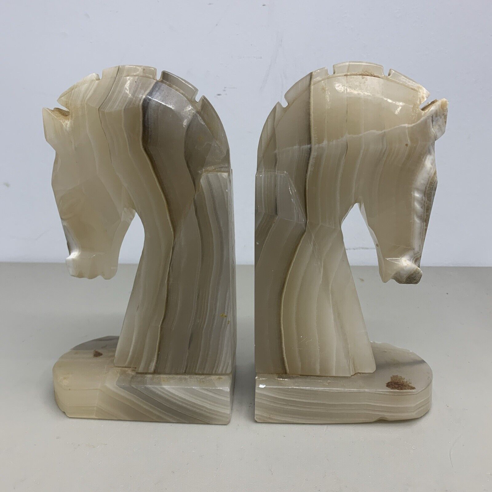 Art Deco Onyx /Alabaster Tan White Horse Head Statue Bookends (071614)