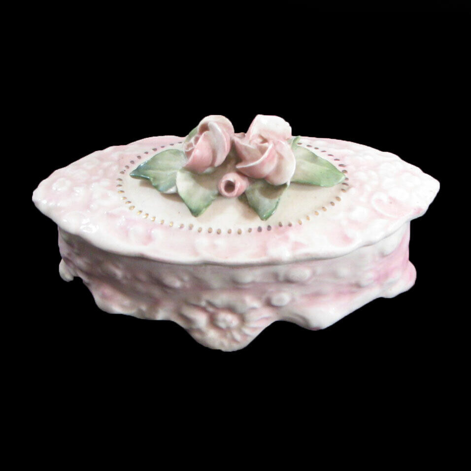 Lovely Antique Trinket Box, Soft Pink Rose Top, Intricate Detailing, Pristine