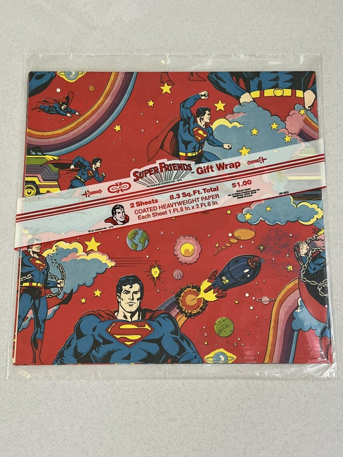 Vintage Superman Super Friends Cleo Gift Wrapping Paper Sealed NOS 1980 DC Comic