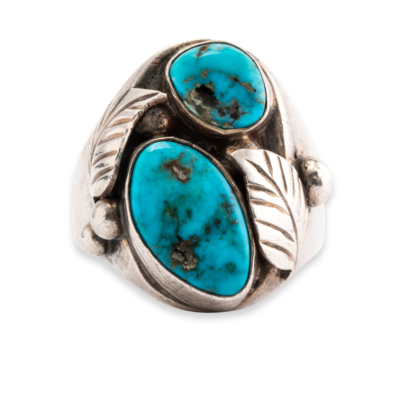 LARGE NATIVE AMERICAN STERLING SILVER PYRITE TURQUOISE TWO STONE LEAF RING 11.5