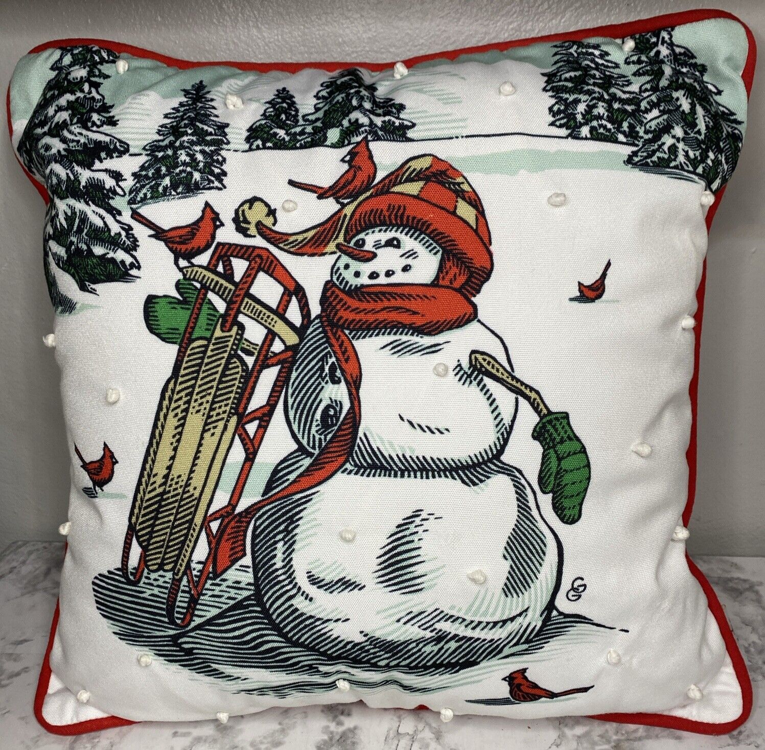Hallmark Christmas in Evergreen Pillow Rare Snowman Sled Red Cardinals 18X18