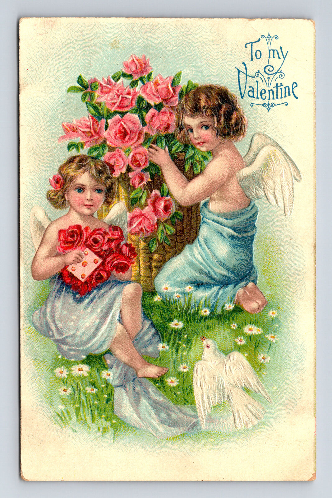 Valentine\'s Day Angel Cherub Girls Rose Flowers White Dove Fairfield IA Postcard