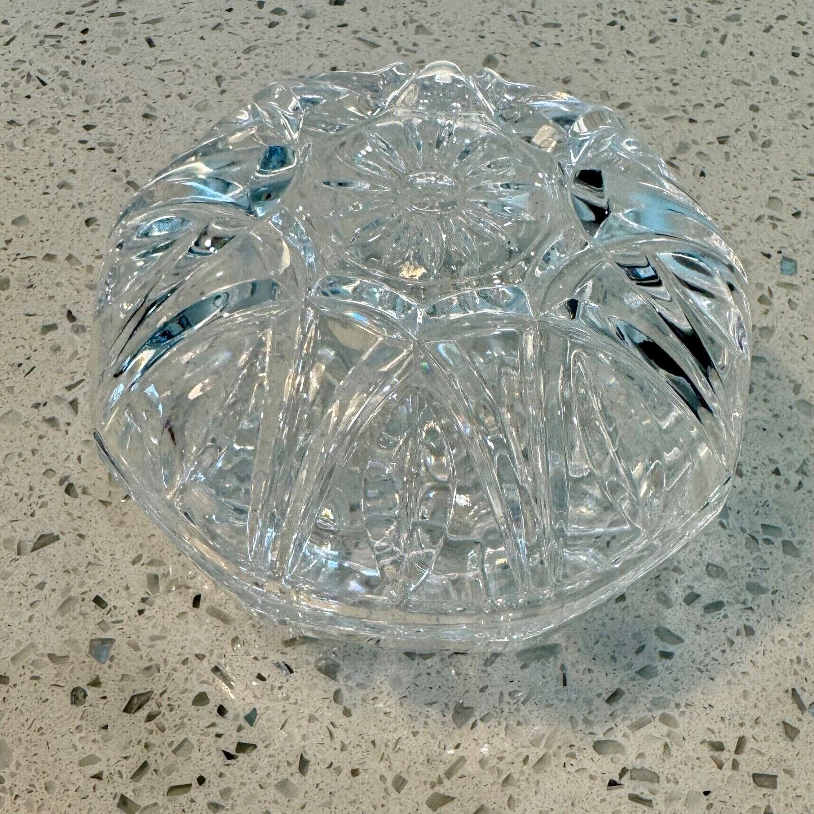 Vintage Crystal Powder Jar Trinket Dish With Cover Sunburst Design
