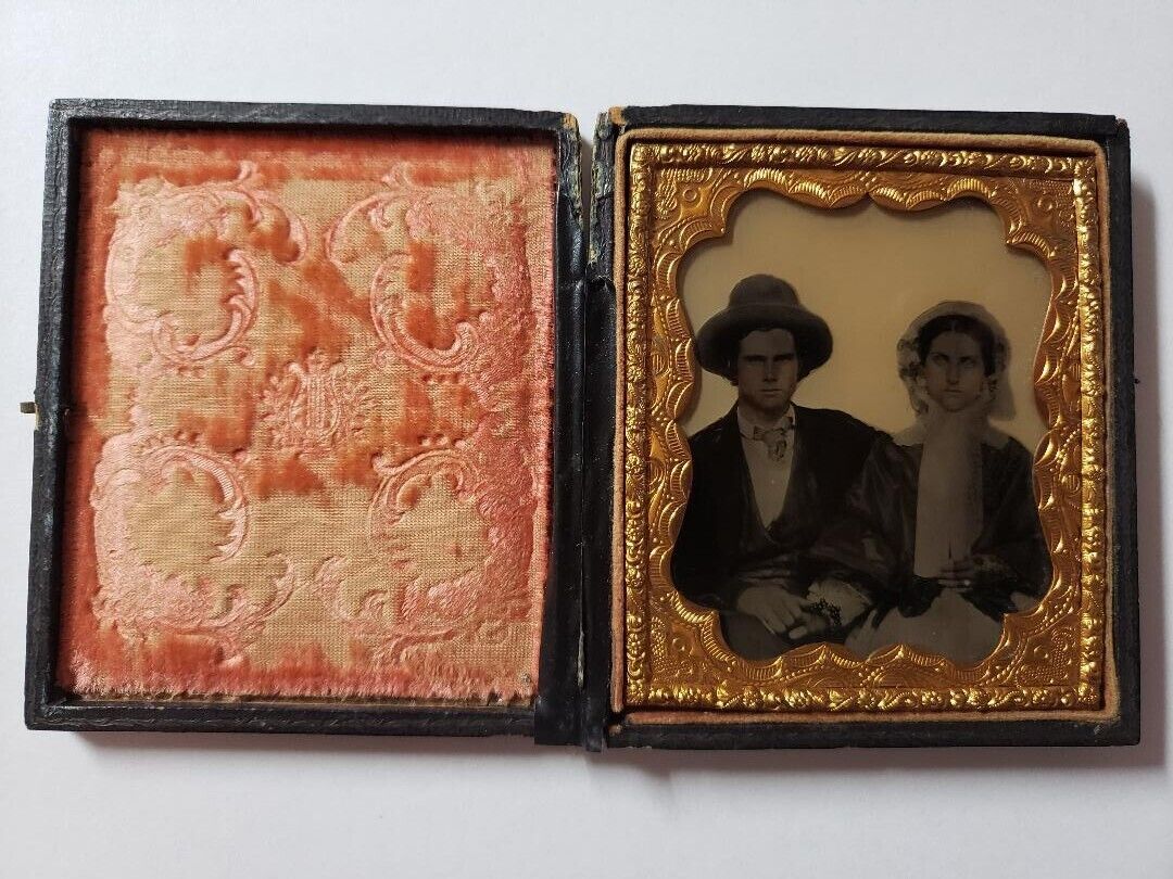 Antique Mother of Pearl Case 6th Ambrotype Photo Civil War Cowboy Wedding Couple