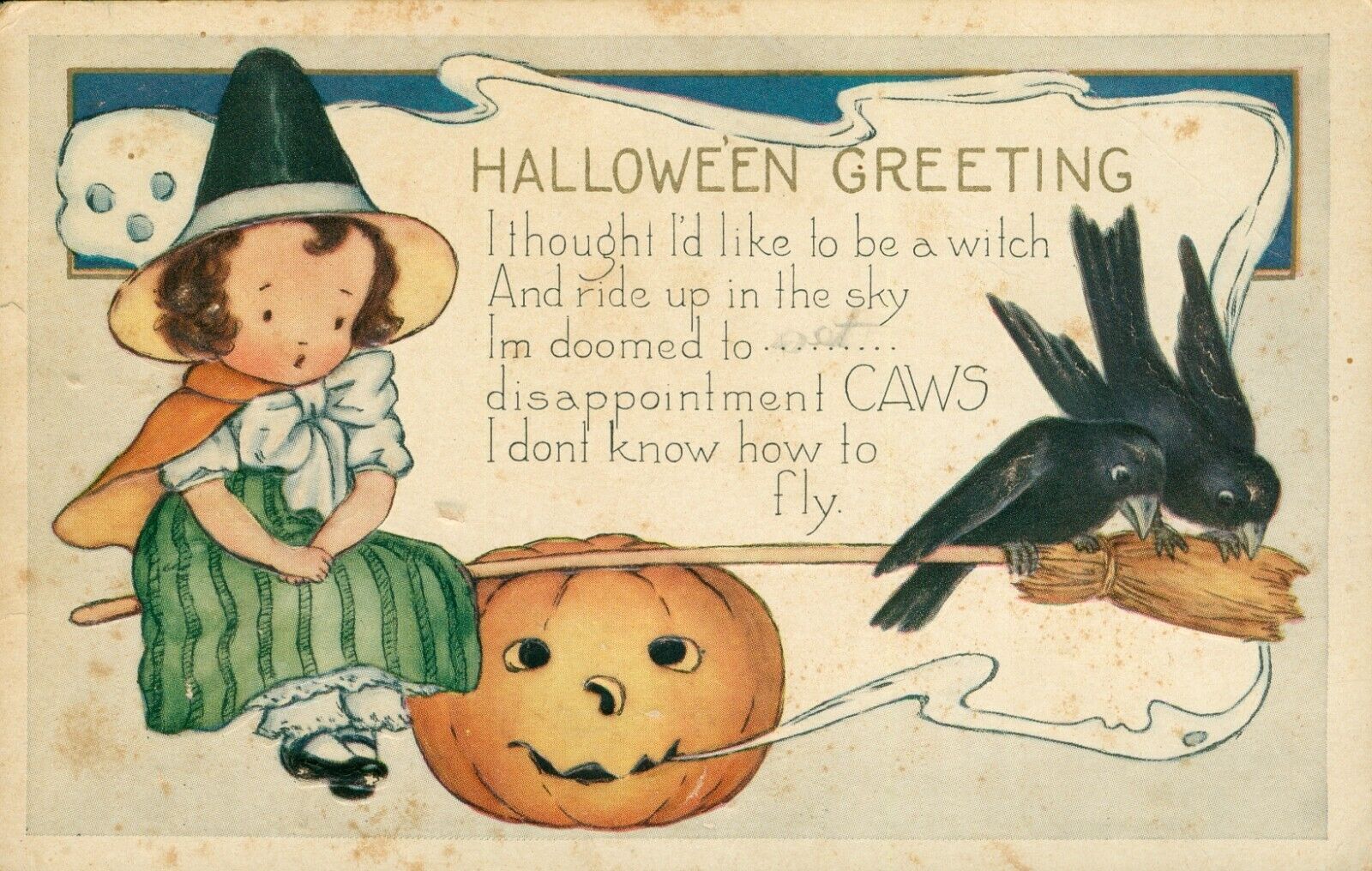 Whitney Halloween Greeting Postcard~Antique~JOL~Little Witch~Crows~Ghost~c1920