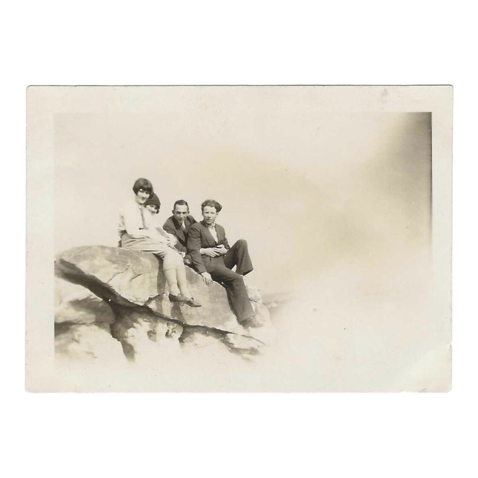 Antique Snapshot Photo Young Men Women Sitting On Top Of Rock 1920s Photograph