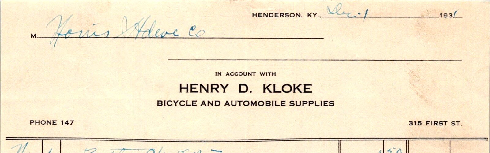 1931 Henry D Kloke Bicycle and Automobile Supplies Billhead HENDERSON KY K386