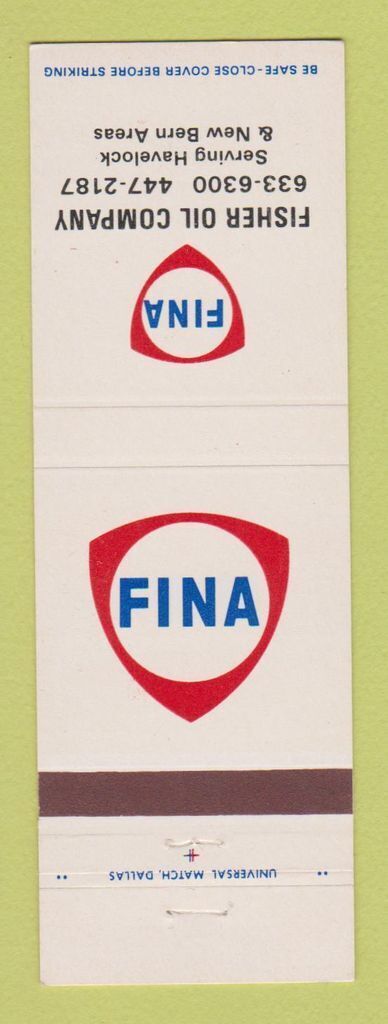 Matchbook Cover - Fina oil gas Fisher Havelock New Bern NC