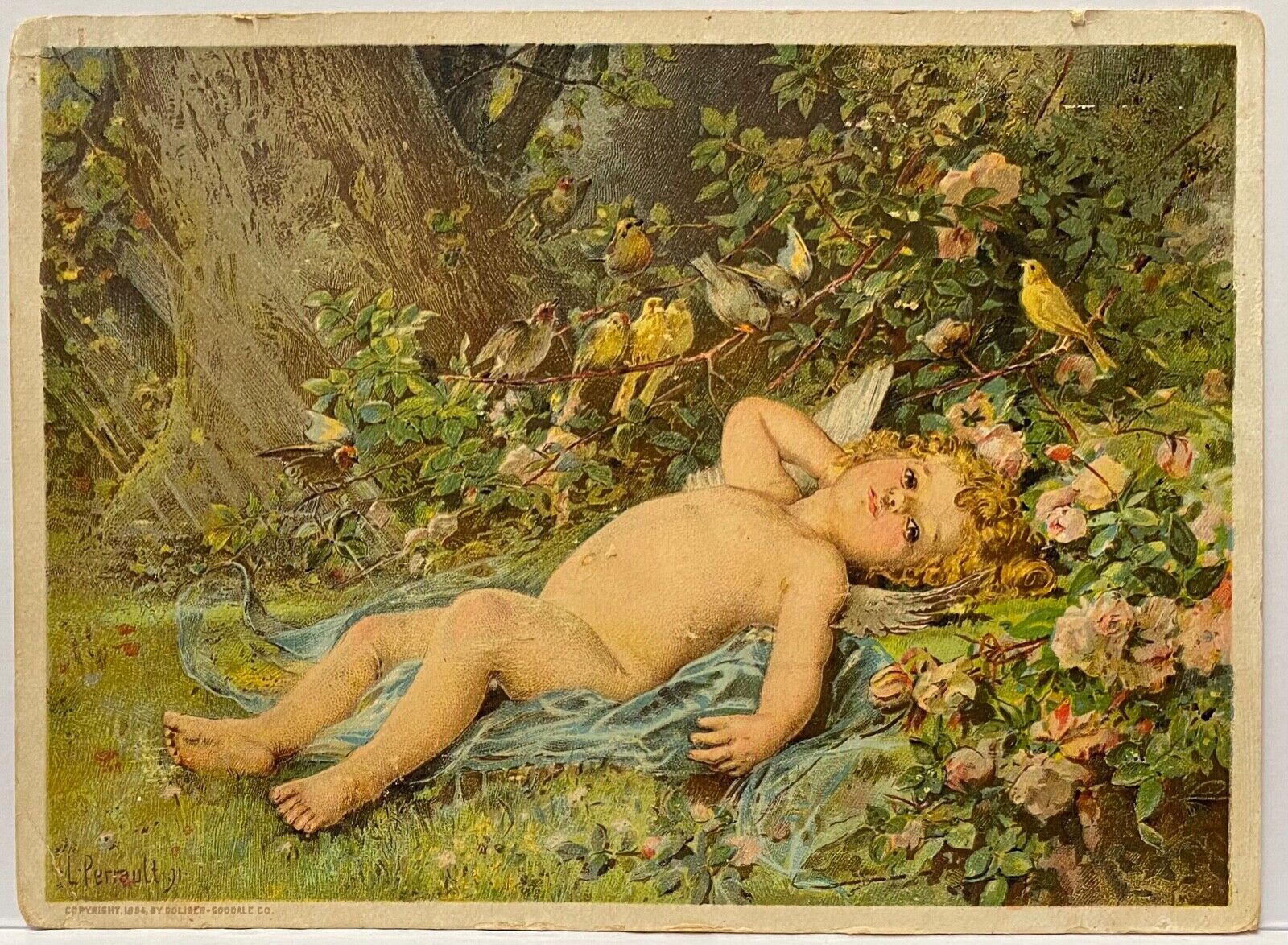 Nude Cherub Lies in Garden w Birds & Flowers Mellin’s Food Victorian Trade Card