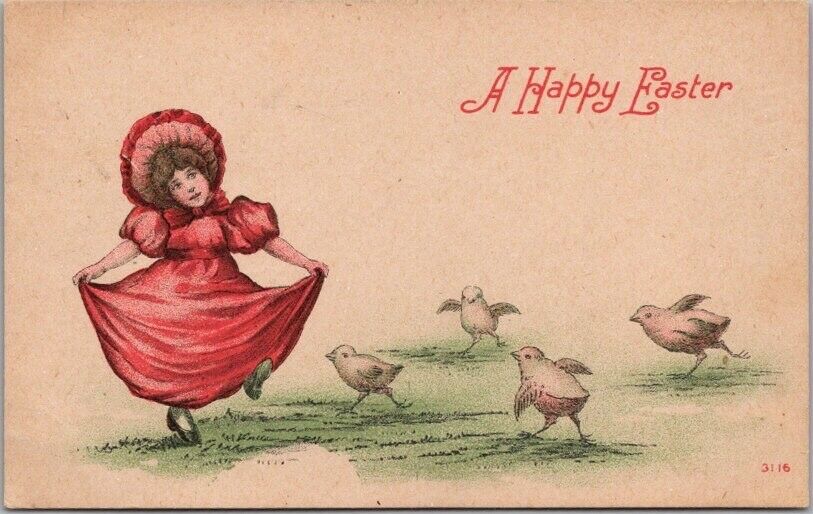 Vintage 1910s EASTER Postcard Girl in Red Dress, Dancing with Baby Chicks #3116