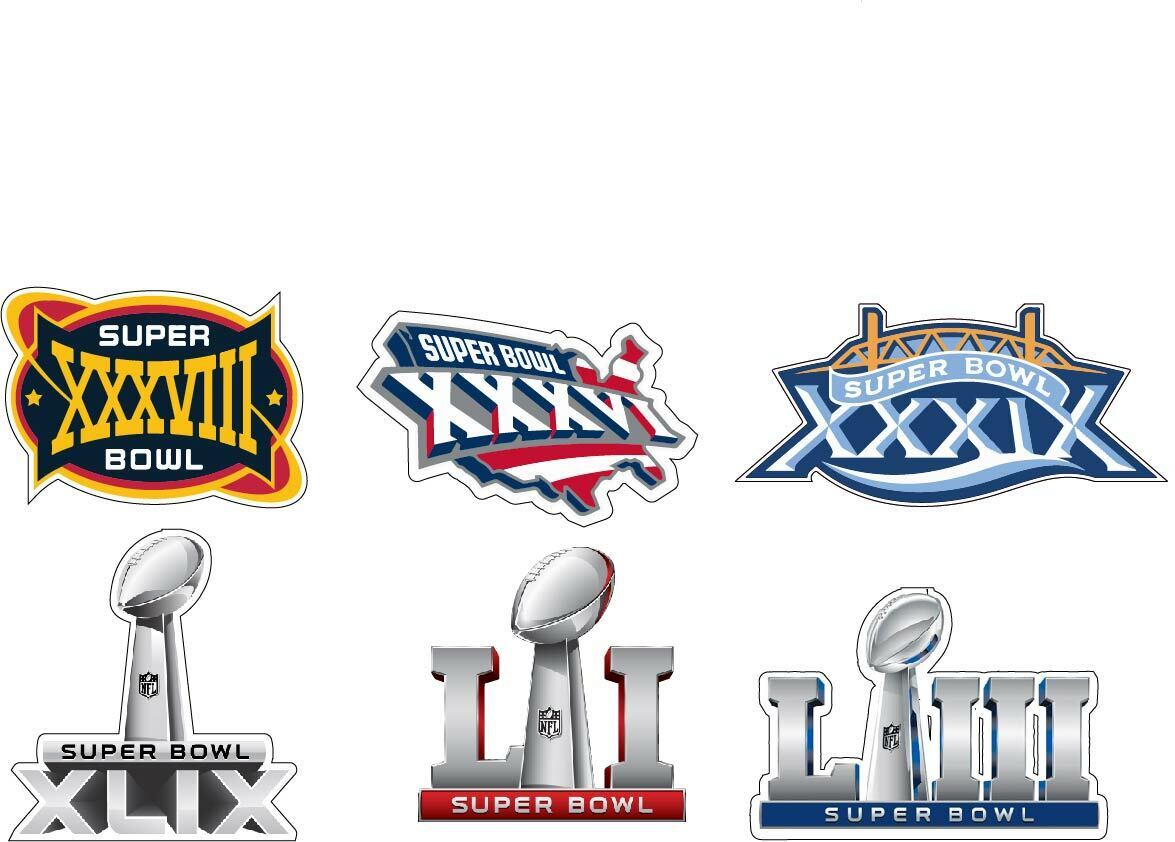 1 Set of 6 New England Patriots Super Bowl Logos Collectors Set Stickers P997