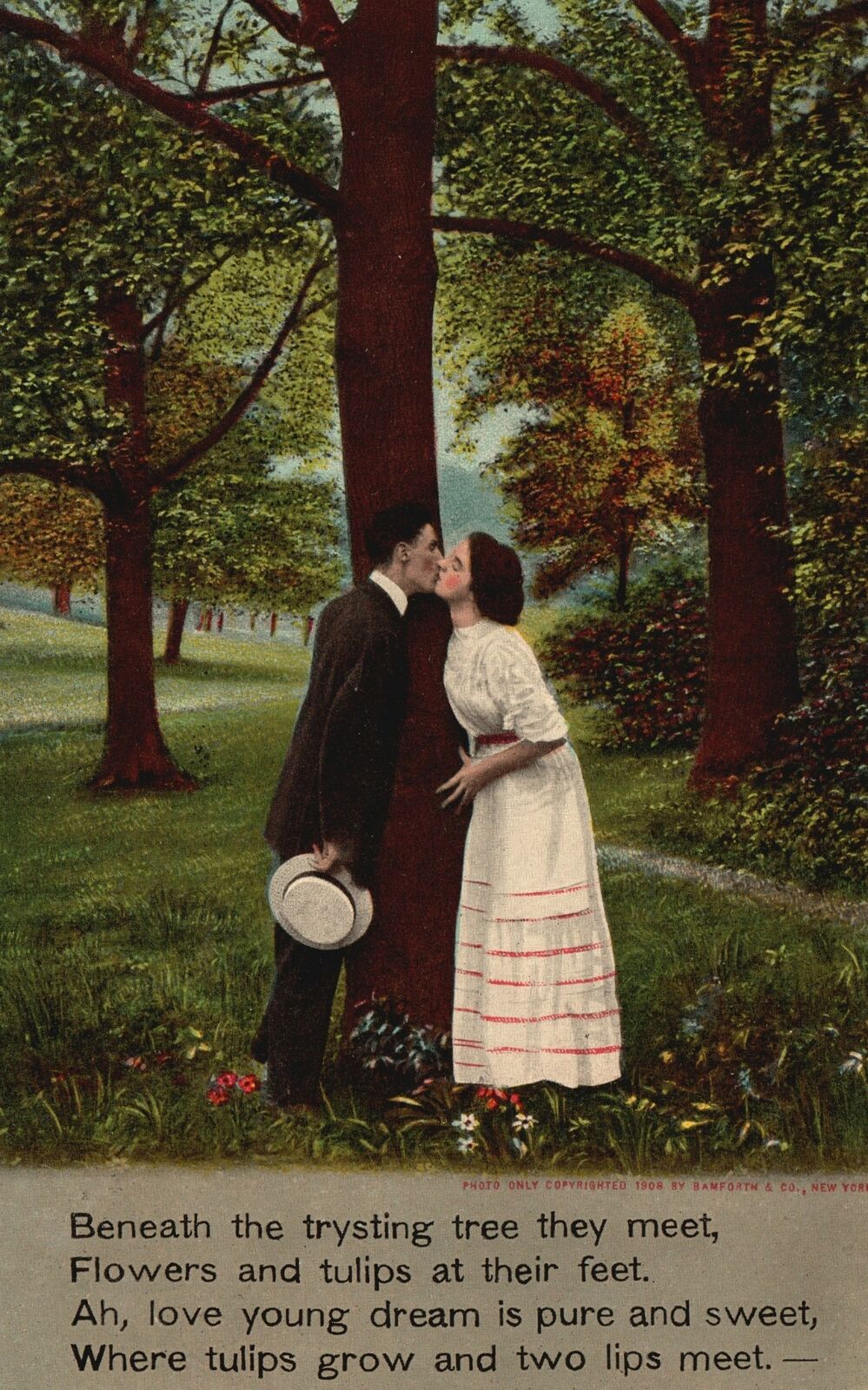 Vintage Postcard 1909 Beneath The Trysting Tree They Meet Romance Kissing Scene