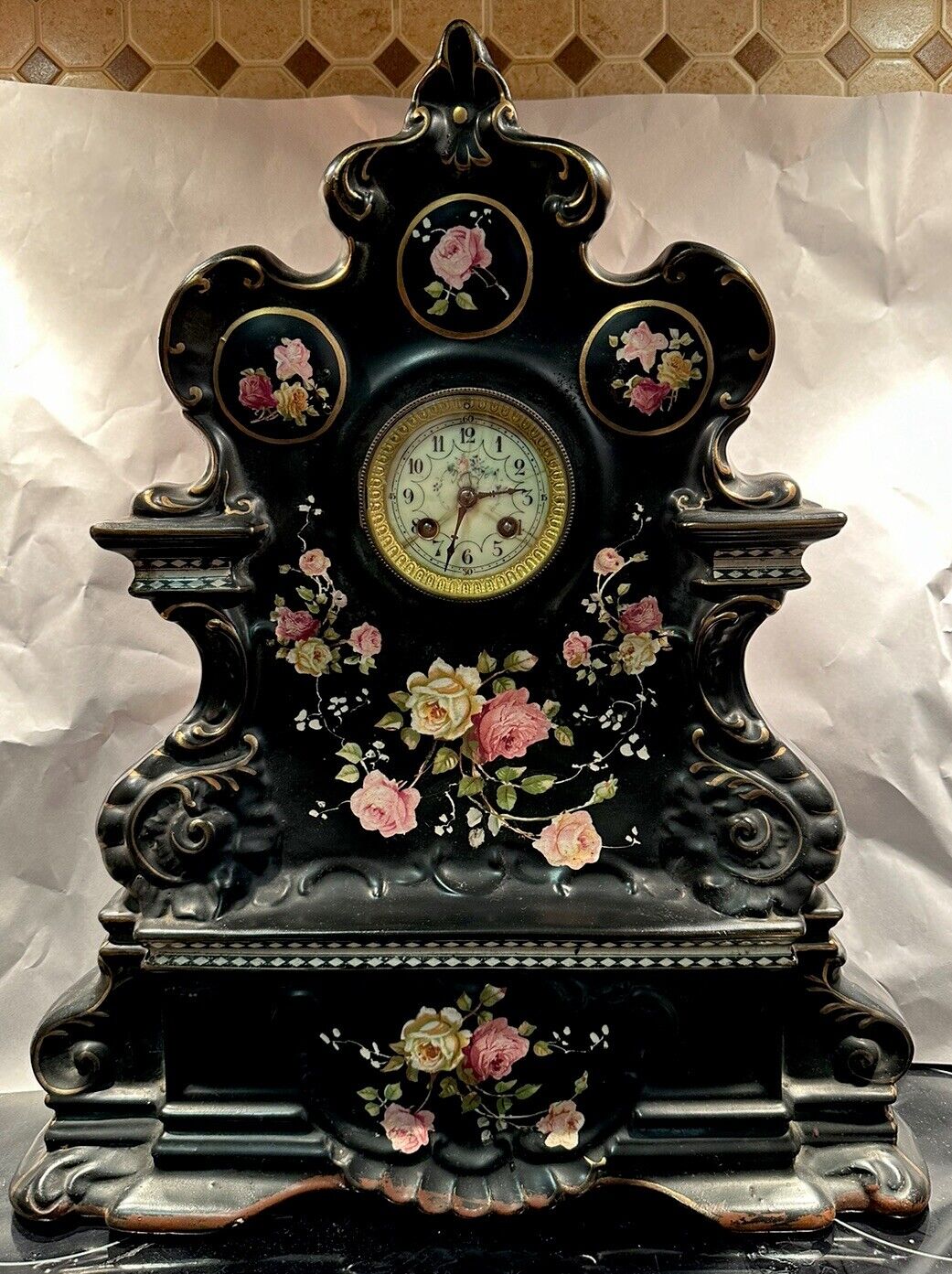 Large Antique French Floral Porcelain Mantel Clock