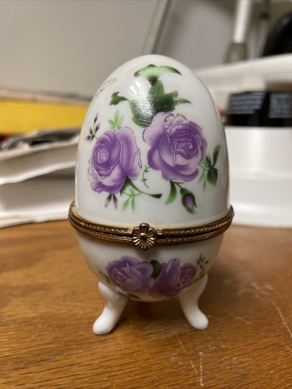 Vintage Egg Shape Trinket Box With Purple Roses ,3 Legs, Gold Trim