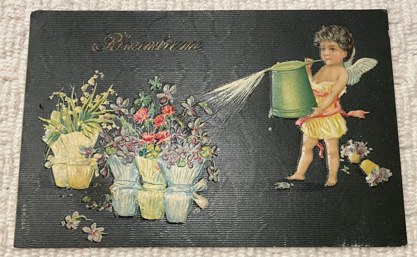 Remembrance vintage postcard Cherub watering flowers Ser 264 Germany