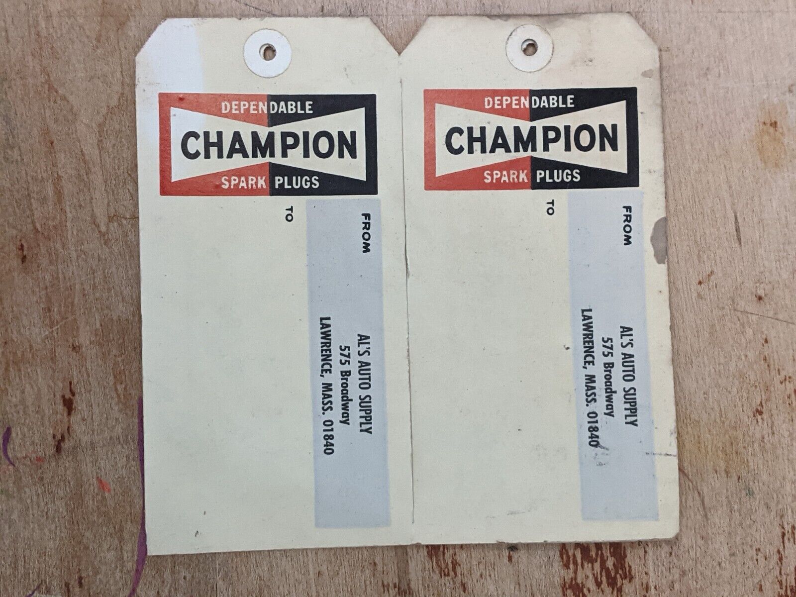 Vintage Champion Spark Plugs Advertising Tags, Al\'s Auto Supply Lawrence...