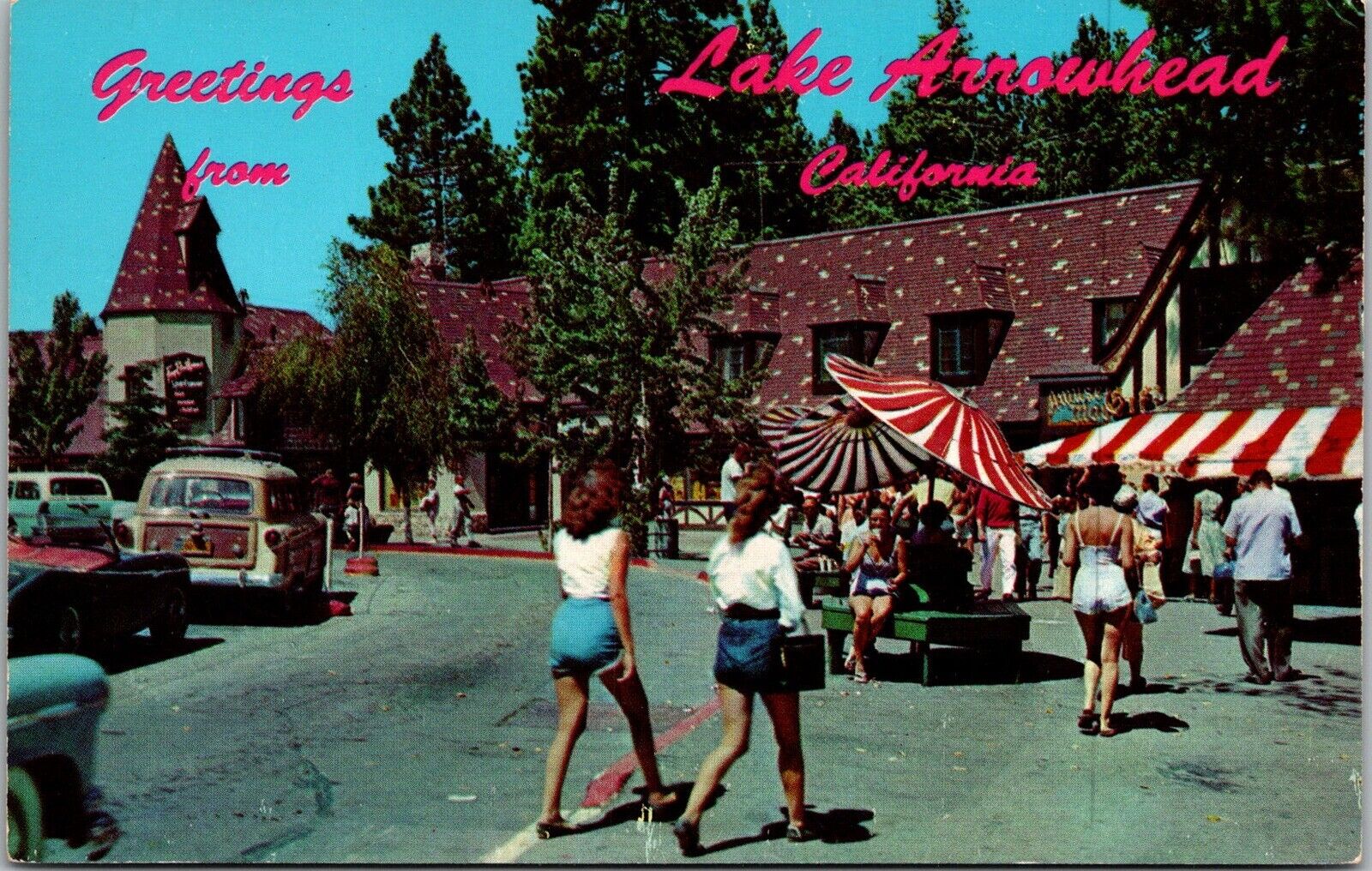 People Shopping~Greetings From Lake Arrowhead~California Postcard KA7