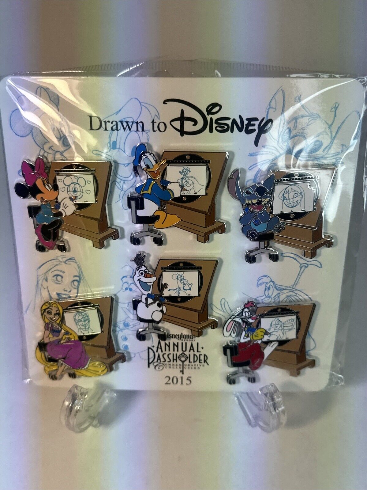 Drawn to Disney 2015 Passholder 6 Pin Set - Stitch Olaf Rapunzel Roger Minnie