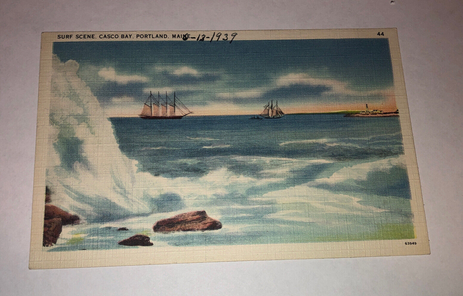 Vintage Postcard Portland Maine Surf Scene at Casco Bay Tall Ships 1939 Linen