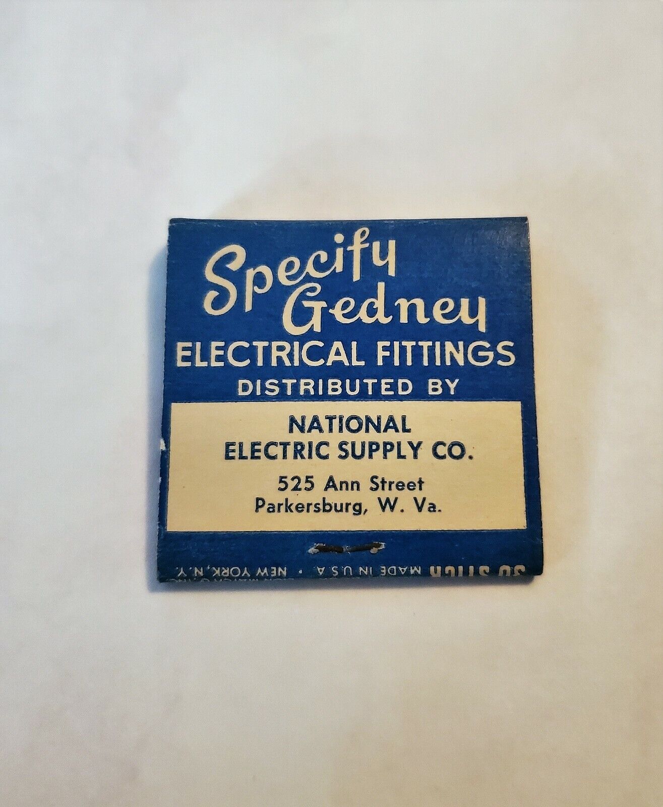 Vintage Gedney Electric Co. Matchbook 30 Count Blue Tip  Front Strike