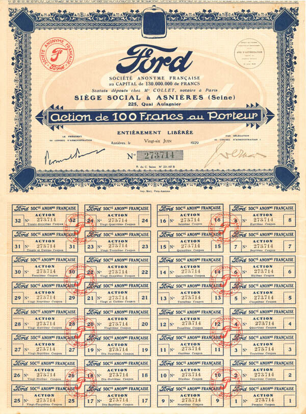 Ford Societe Anonyme Francaise - Stock Certificate - Automotive Stocks