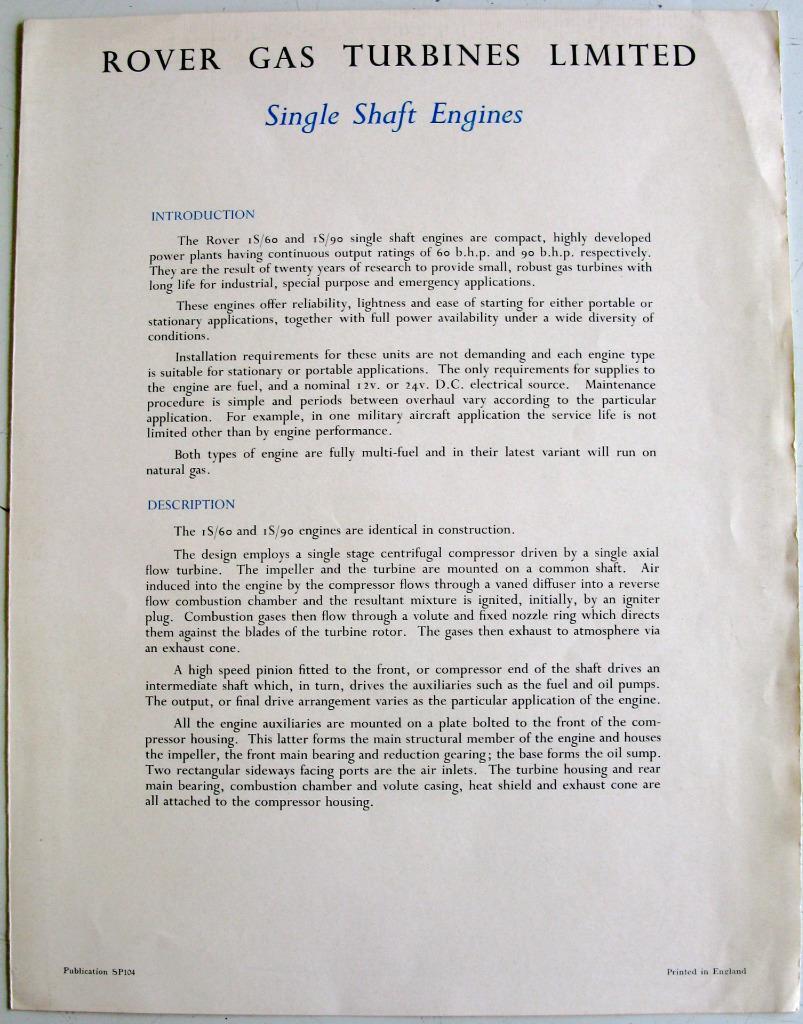 ROVER 1S/60 & 1S/90 Single Shaft Engines Original Sales Brochure 1966 #SP104