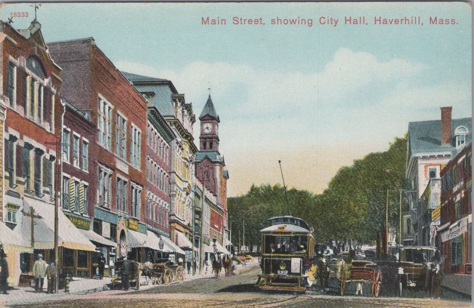 Main Street City Hall Haverhill Massachusetts Trolley Streetcar Postcard