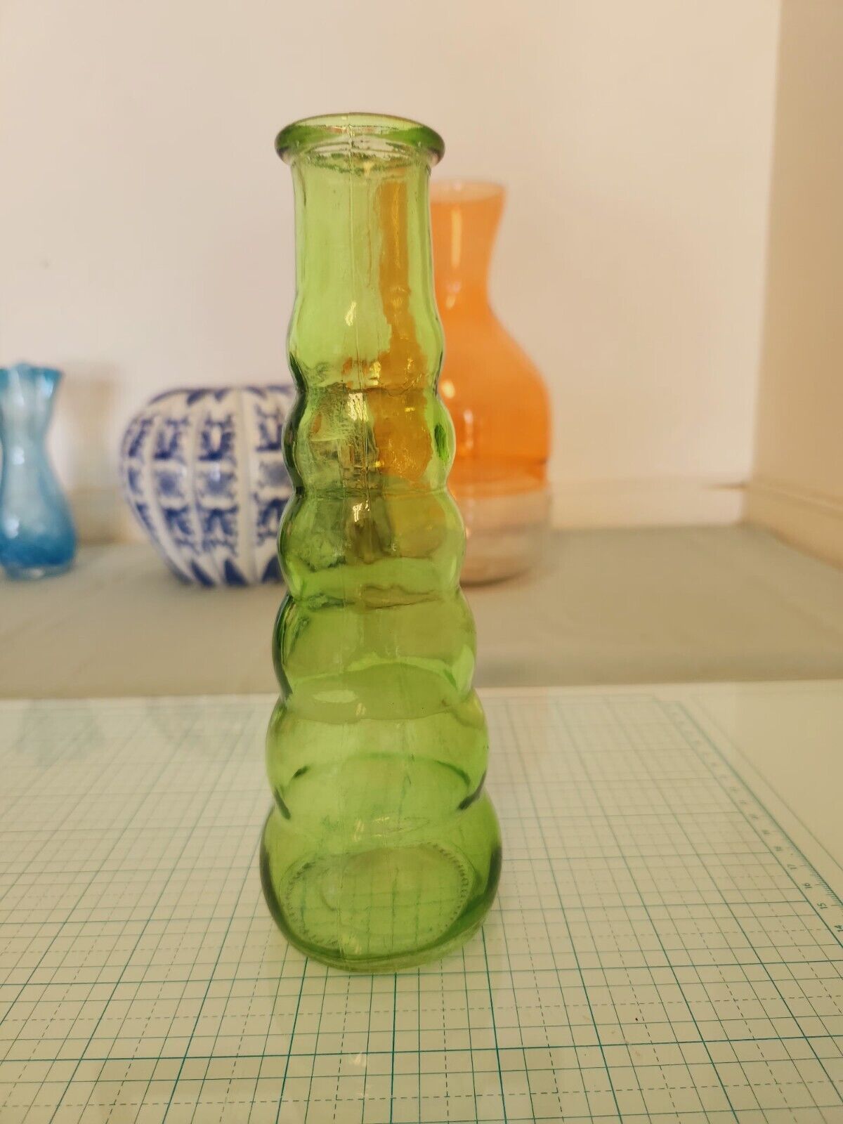 Vintage Decorative Green Beehive Vase Glass Bottle 8.5” Tall, 1”Diameter