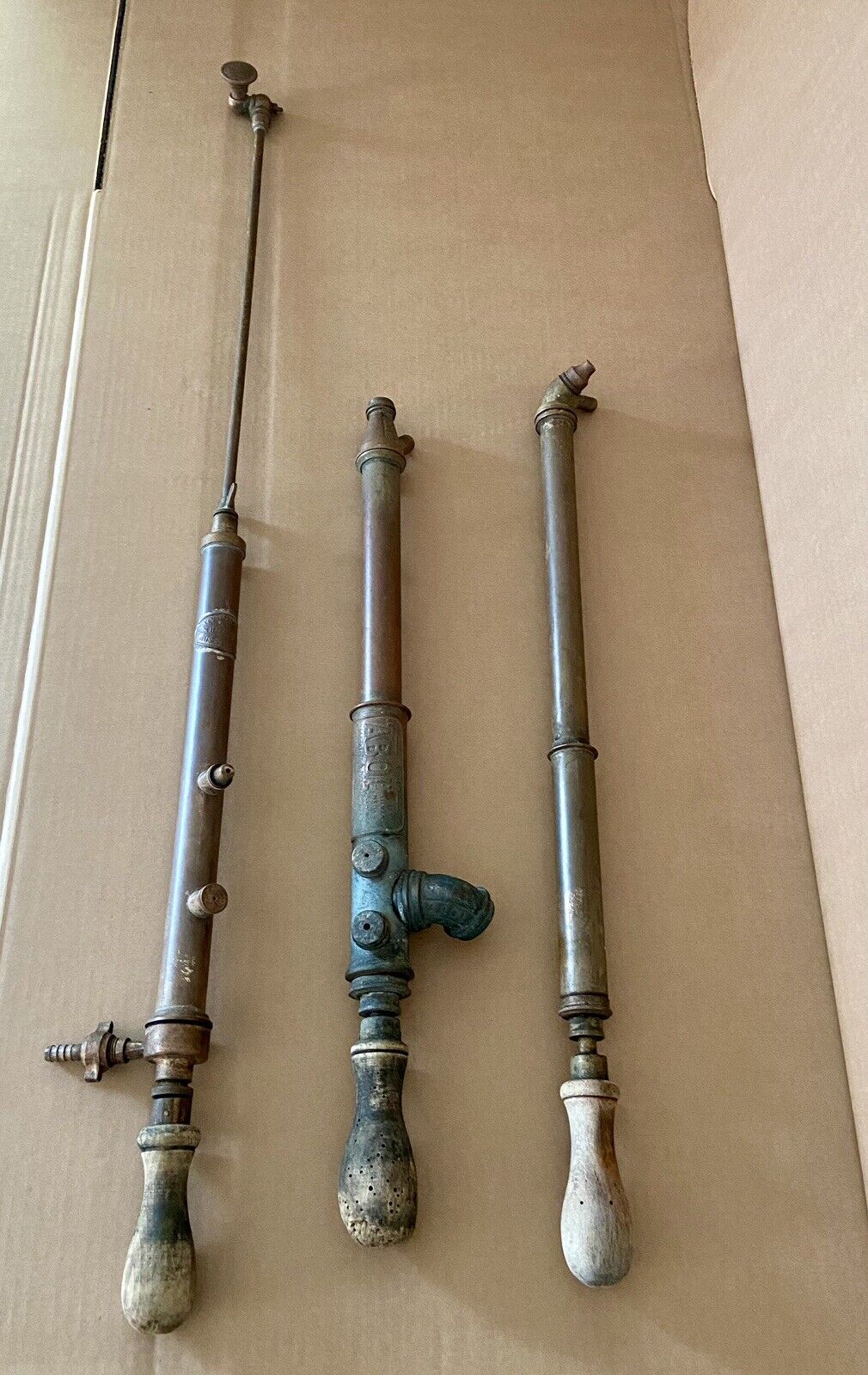 3 Vintage 1930\'s brass Garden Syringe hand pumps,sprayers,W.T.French Mysto,ABOL