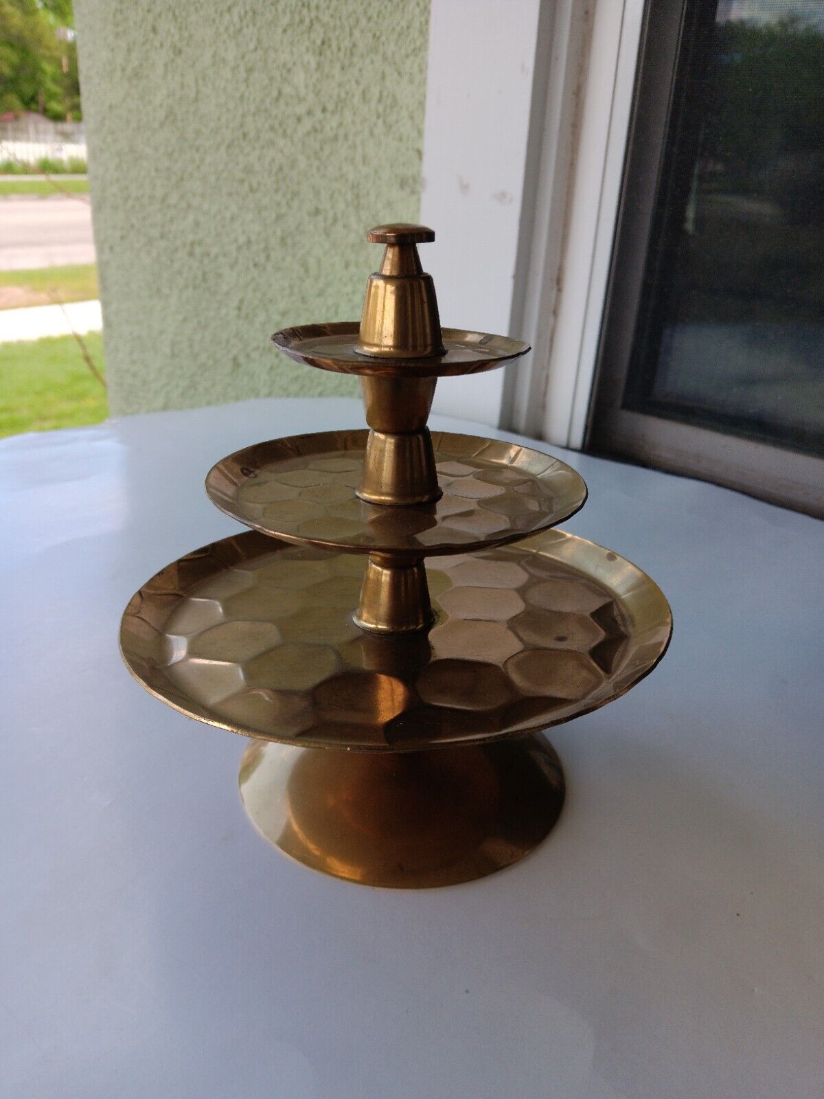 Vintage Solid Brass Serving Stand 3 Tier Tidbit Candy Tray Boho Cottagecore 9x7