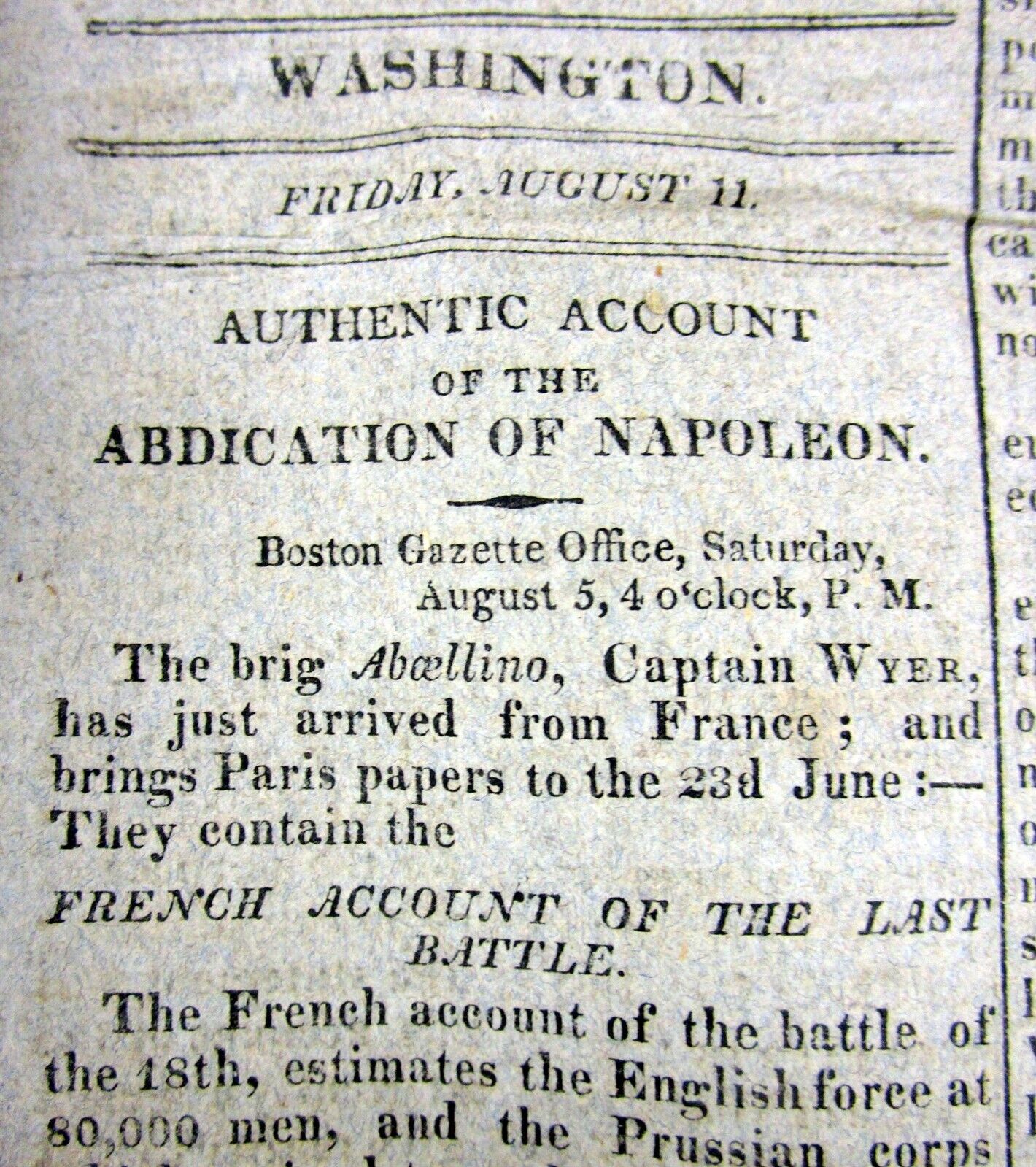 1815 headline newspaper BATTLE of WATERLOO with ABDICATION of NAPOLEON BONAPARTE