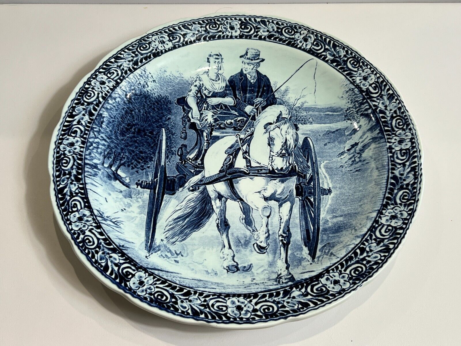 Boch Blue Delft Carriage Large Ceramic Vintage Plate Platter, 15 1/2\