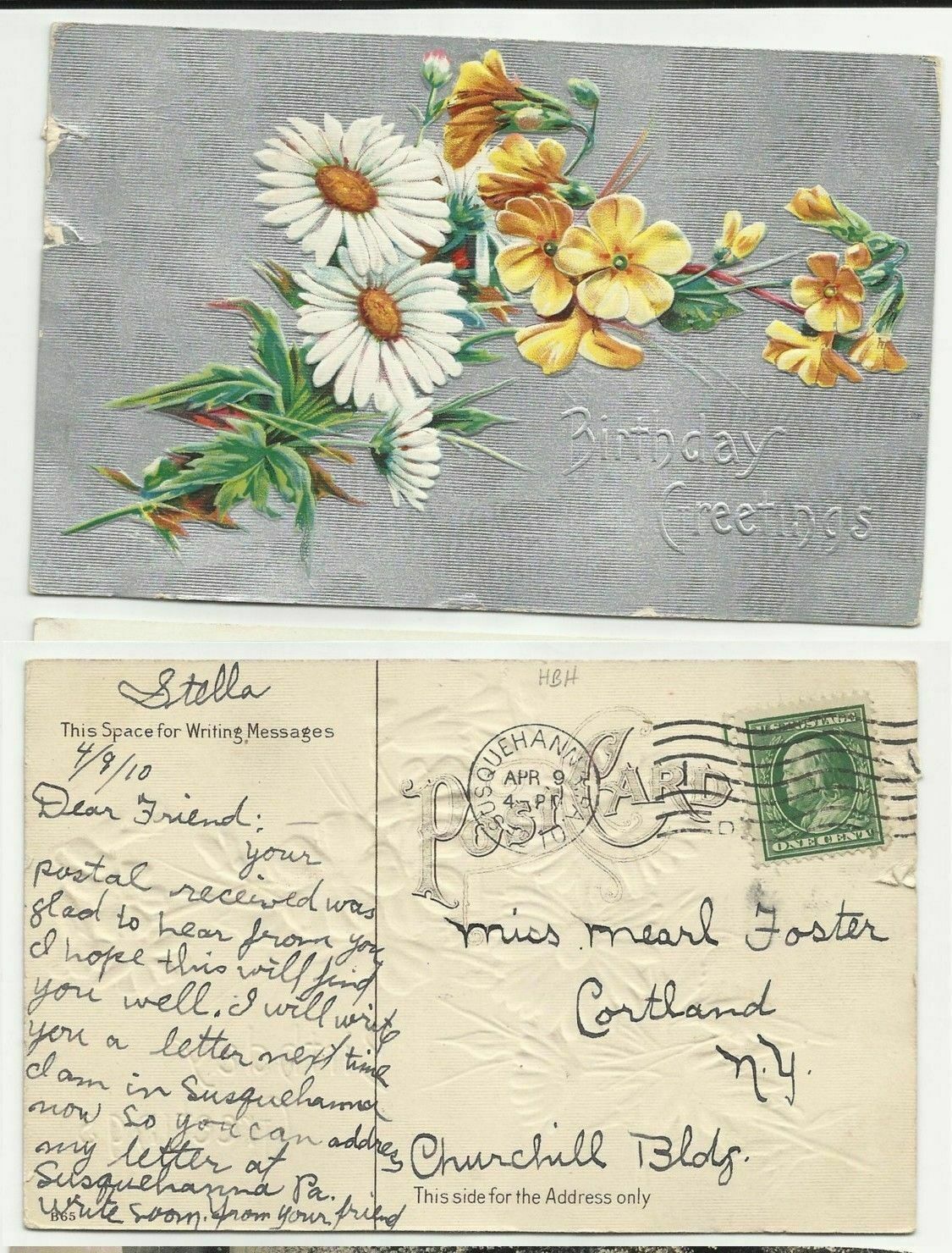 1910 PC - Birthday Greetings - Flowers   stk#HBH