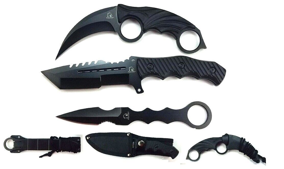 3PC Set CSGO Tactical Fixed Blade Knife Huntsman Combat Hawkbill Survival Gift