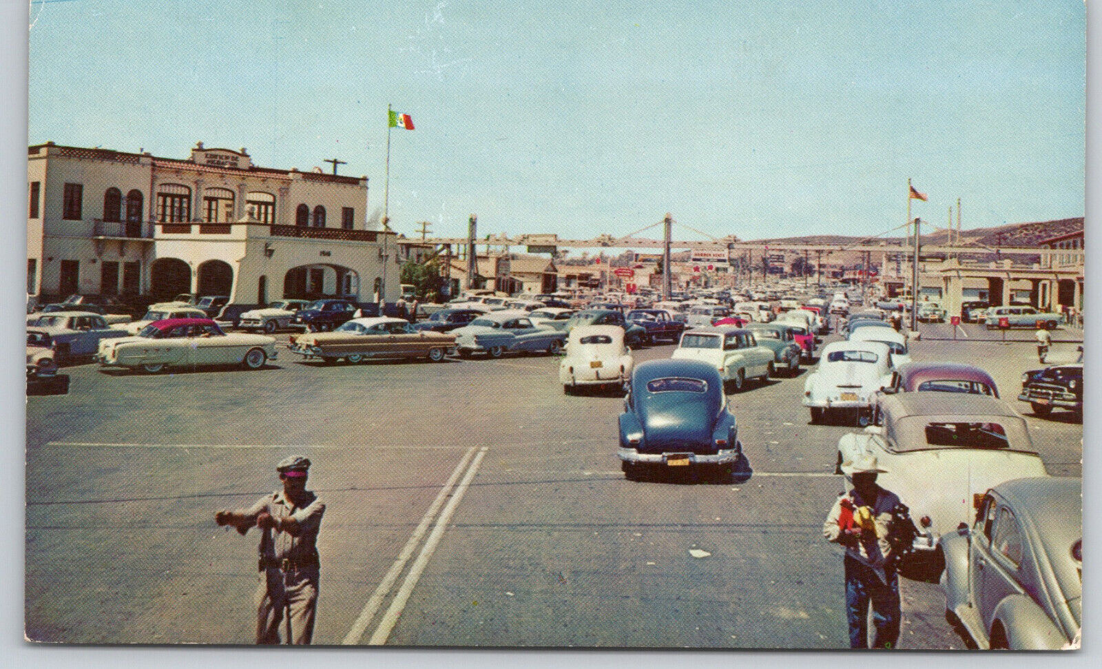 Tijuana Mexico Border Line Classic Old Cars Immigration Center US Postcard