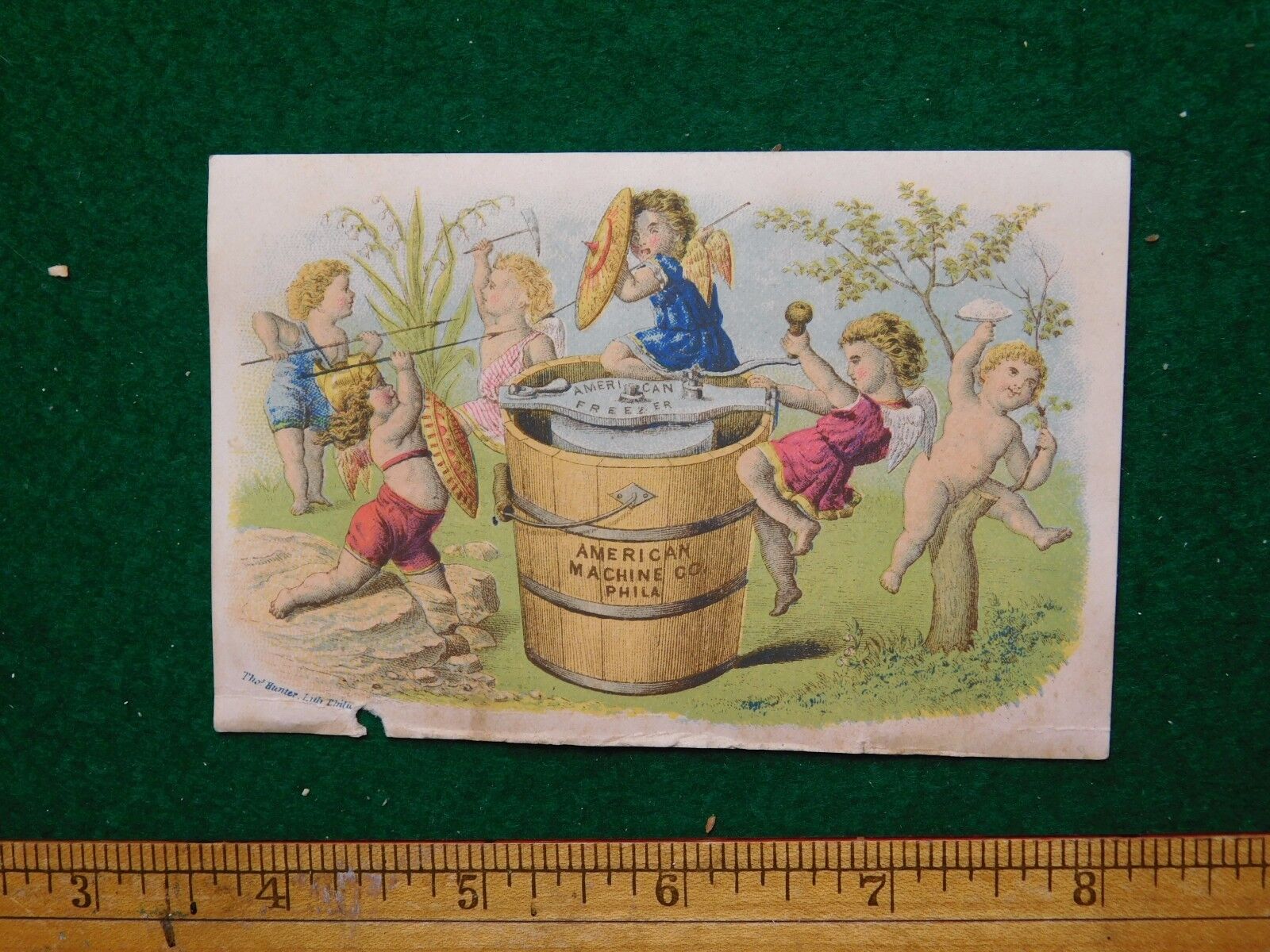 1870s-80s American Machine Crown Ice Cream Freezer Cherubs Trade Card F36