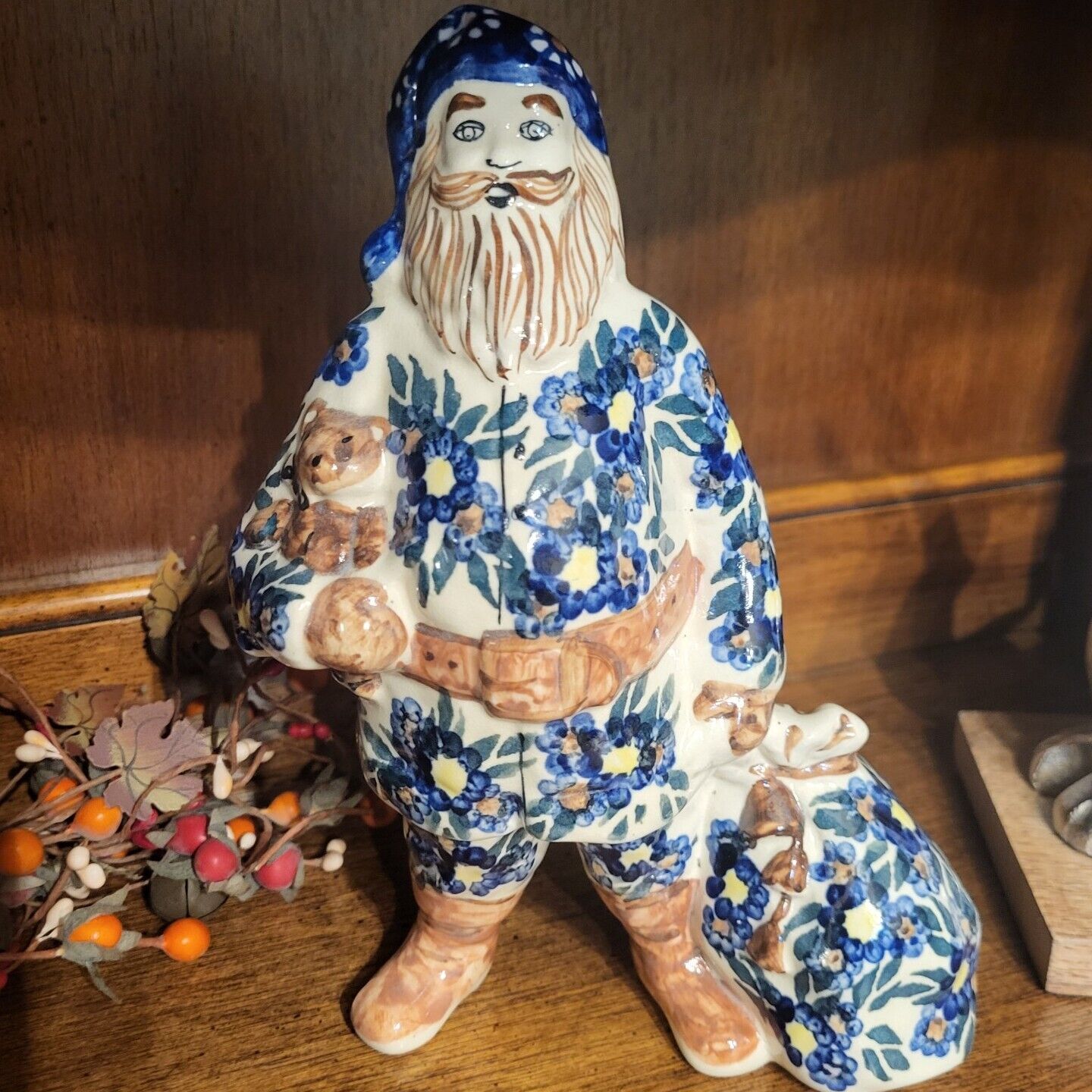 Danish? Pottery Blue Santa W Bear Figurine Original Bunzlauer Keramik Rare