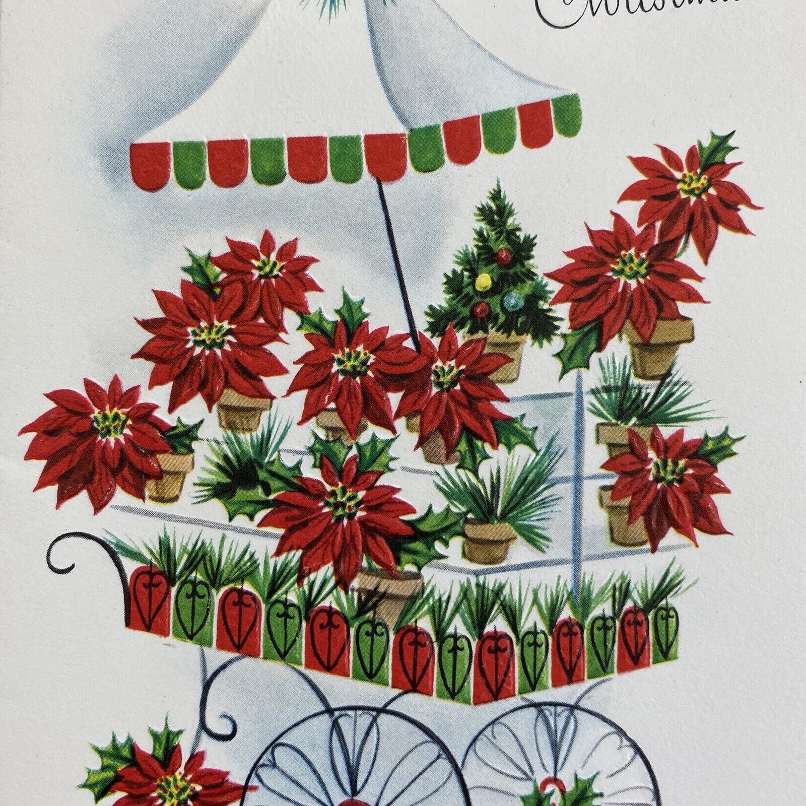Vintage Mid Century Christmas Greeting Card Red Poinsettias Flower Floral Cart