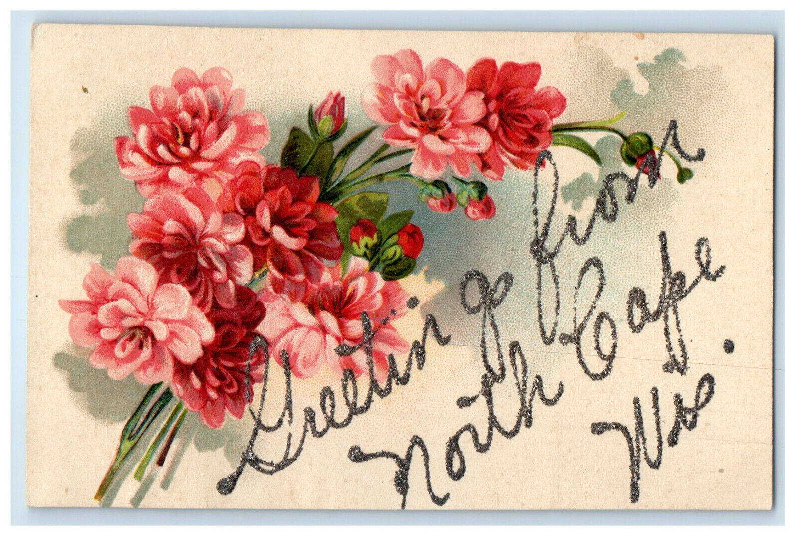 c1910 Pink Flowers, Greeting from North Cape Wisconsin WI Antique Postcard